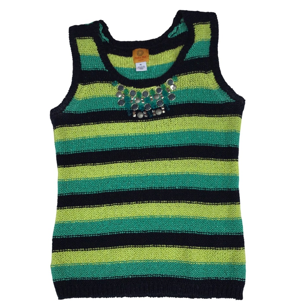 Ruby Rd Petite Striped Knit Tank Top Green Navy Beaded Neckline‎ PL